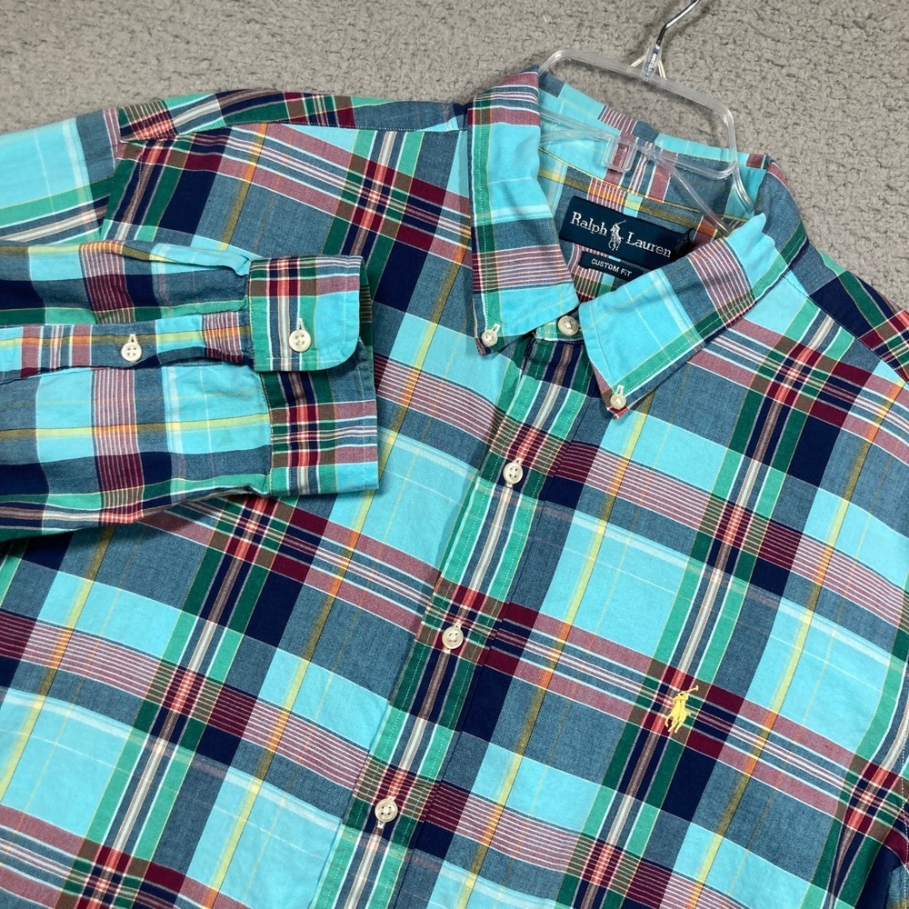 Ralph Lauren‎ Button Down Shirt Mens XXL Turquoise Plaid Custom Fit Long Sleeve